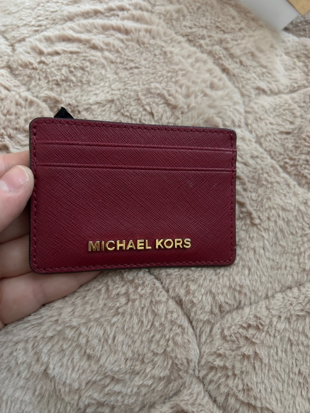 Michael Kors Burgundy Saffiano Leather Card Case with Gold Logo